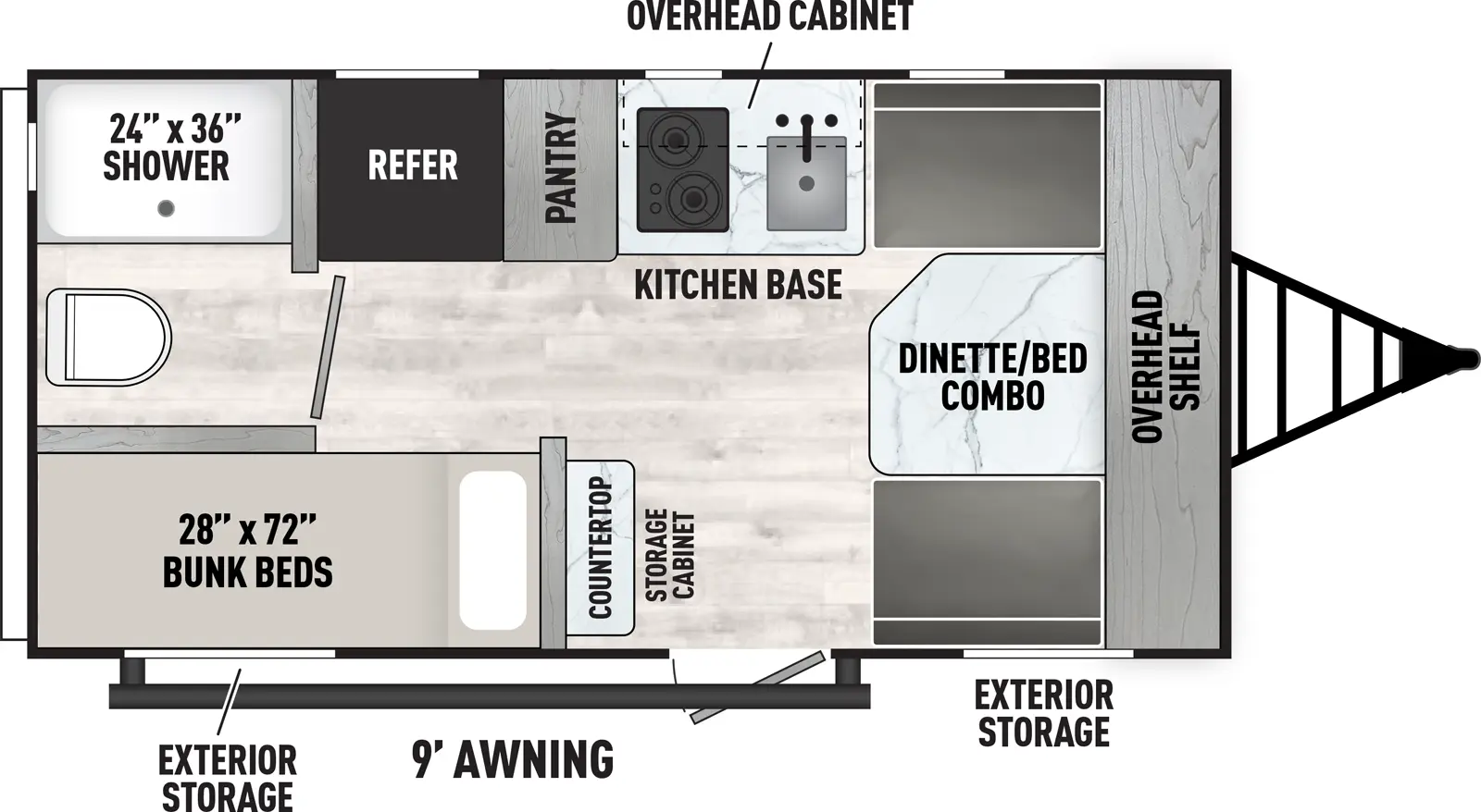 The Viking Travel Trailers 15SBH has one entry and zero slide outs. Exterior features include: metal exterior and 9' awning. Interiors features include: bunk beds.